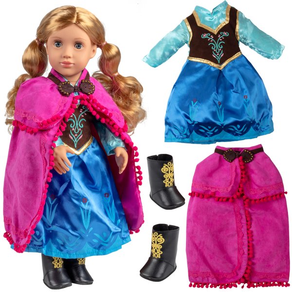Dress Along Dolly 3pc Anna Frozen Inspired Outfit- 18" Doll Clothes & Accessories Compatible w American Girl Dolls- Snow Queen Princess Set Includes Dress, Shawl, Shoes- Great Girl Gift Set for Less