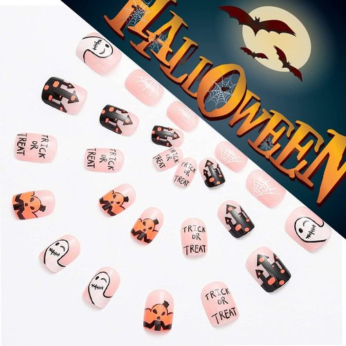 Halloween Press on Nails Short for Kids, Glossy Square Fake Nails Atificial Glue on Nails with Spider-web Ghost Trick or Treat Cute Design Coffin Full Cover Nail Tips for Hallow Nail Decor 24 Pieces