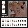 MISUD Medium Square Press on Nails Squoval Fake Nails Black French Tip Artificial Acrylic Nails Glossy Glue on Nails Gold Bling Glitter Stick on False Nails with Design 24 pcs