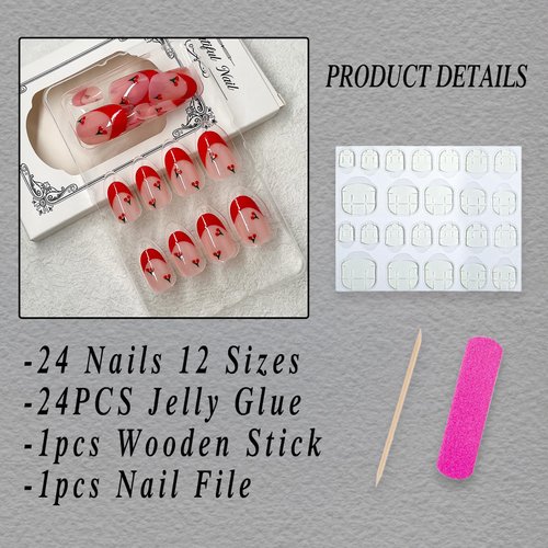 ROFIBUT Red French Tip Press on Nails Almond Short Fake Nails Cute Nude Pink Full Cover Glue on Nails with Red Cherry Glossy Artificial Stick on Nails Reusable Acrylic False Nail for Women Girls 24Pcs