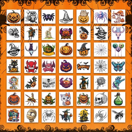 Ozepao 100 Pcs (2" x 2") Halloween Temporary Tattoos Stickers, Featuring Horror Pumpkins, Skeletons, Spooky Ghosts, Spider Webs, and More, Perfect for Party Favors Supplies Decorations