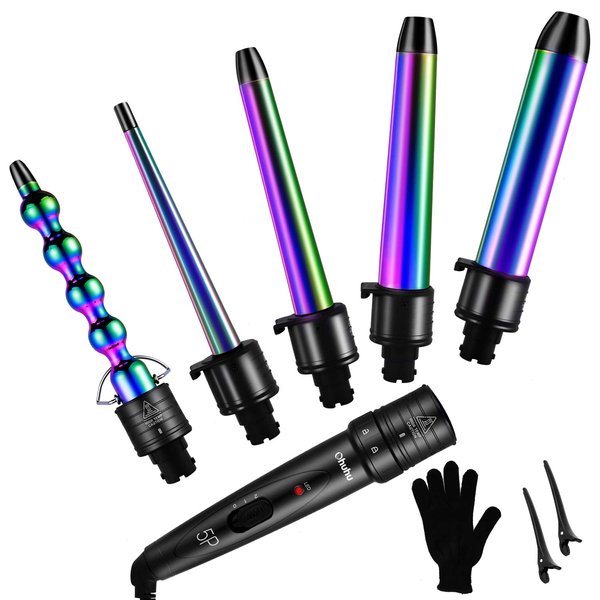 5 in 1 Curling Wand Set: Ohuhu Curling Iron Wand 5Pcs 0.35 to 1.25 Inch Interchangeable Ceramic Barrel Heat Protective Glove 2 Clips Dual Voltage Hair Curler for Girls Women's Day Gift Rainbow