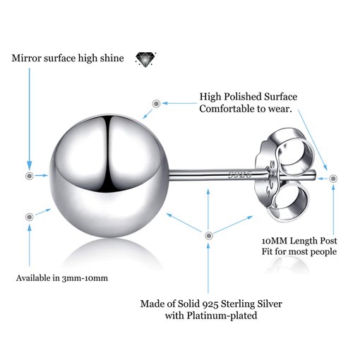 925 Sterling Silver Ball Stud Earrings Available in 3mm-10mm,Classic Round Ball Studs Hypoallergenic Jewelry (3mm)
