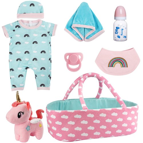 BABESIDE 8 Pcs Reborn Baby Doll Clothes with Bassinet for 17-22 Inch Babydolls, Baby Dolls Clothes with Baby Doll Accessories Set and Unicorn Toy for Realistic Baby Dolls, Cyan & Pink