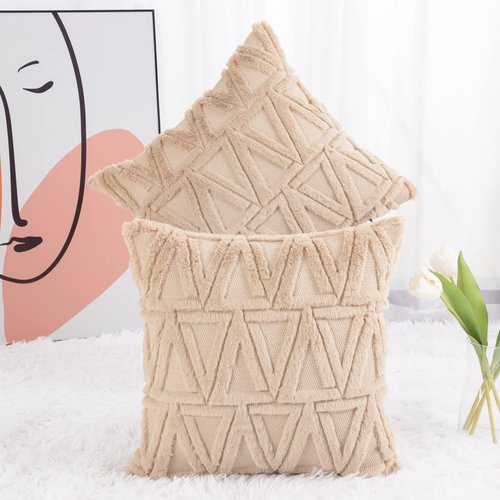 MADIZZ Khaki Plush Short Wool Throw Pillow Covers Set of 2 Super Soft Boho Velvet Pillow Covers Decorative Textured Throw Pillowcases for Sofa Bedroom 24x24 Inch
