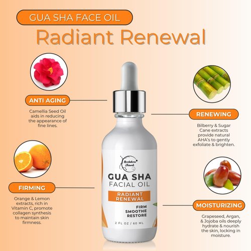 Brookethorne Naturals Gua Sha Oil for Face | Radiant Renewal Facial Oil for Gua Sha Massage & Dermaplaning | 100% Natural Hydrating Face Oil with Jojoba, Rosehip, Argan Oil & AHAs to Firm & Restore