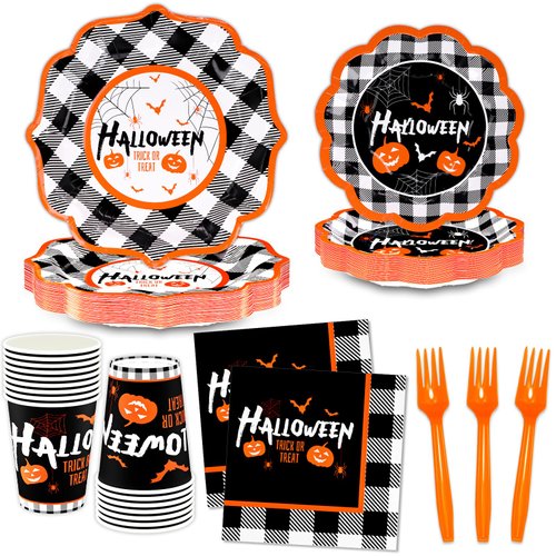 DYLIVeS Halloween Party Supplies Kit, Halloween Buffalo Plaid Pumpkin and Bats Disposable Tableware, Includes Dinner Plates, Dessert Plates Napkins Cups Forks, Halloween Party Decorations, Serve 24