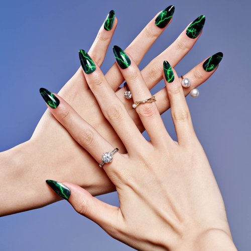 GLAMERMAID Press on Nails Medium Almond, Gothic Black with Green Lightning Glue on Gel Nails, 24Pcs Short Stiletto Acrylic False Nails Kits Reusable UV Finish Full Cover Stick on Nails for Women Gifts