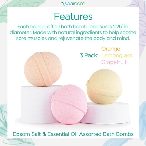 SpaRoom Soothe and Relax Handmade Natural Essential Oil Aromatherapy Bath Bombs, Set of 3, Orange, Lemongrass and Grapefruit