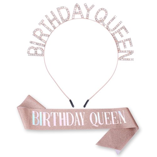 Birthday Sash for Women Birthday Crown Birthday Queen Crown Glitter Rose Gold Birthday Queen Sash & Tiara Rhinestone Headband Set Birthday Tiara Gift Happy Birthday Girl Princess Tiara Sash Accessory