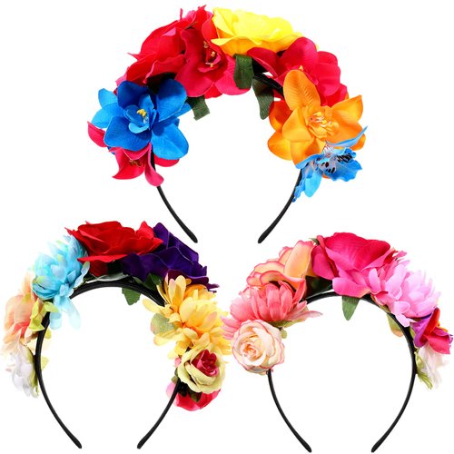 WILLBOND 3 Pcs Mexican Rose Flower Crown Headband Day of The Dead Headband Halloween Cosplay Headpiece(Fresh Colors)