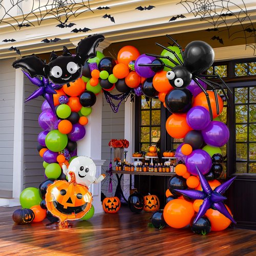 Halloween Balloon Garland Arch Kit 100+pcs Orange and Black Purple green balloons with Spooky Bat Pumpkin foil Balloons spider web for fall Halloween Party spooky-themed birthday Decorations