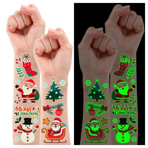 Partywind Glow Christmas Temporary Tattoos for Kids, Luminous Christmas Party Supplies for Boys Girls Stocking Stuffers, Santa Snowman Snowflakes Party Decorations, Xmas Holiday Goodie Bag Fillers