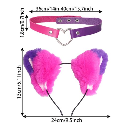 Pistha Furry Pink Purple Cat Ear Headband and Love Heart Leather Chocker for Halloween Animal Costumes Accessories