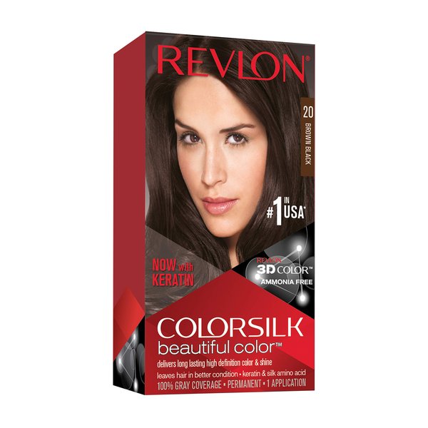 Revlon Permanent Hair Color, Permanent Hair Dye, Colorsilk with 100% Gray Coverage, Ammonia-Free, Keratin and Amino Acids, 20 Brown/Black, 4.4 Oz (Pack of 1)