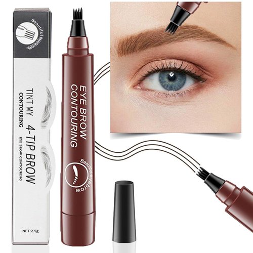 Eyebrow Pen, PreciRise Microblading Eyebrow Pencil with a 4 Micro-Fork Tip and One“8 x 6'' IN Double Sides Practice Skin for Natural Looking Hair-Like Defined Brows, Stays on All Day, Reddish Brown