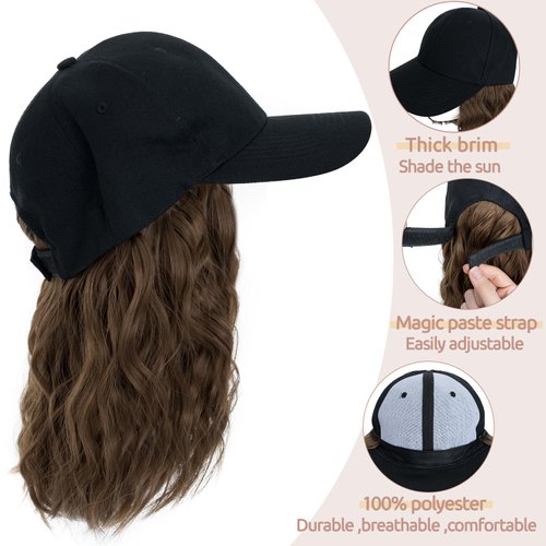 S-noilite Baseball Cap Wig with Hair Extensions 8" Short Curly Wavy Bob Hairstyle Adjustable Hats with Hair Attached for Women Synthetic Brown Wavy Bob Hat Wigs Hair Piece(#10-Ash Brown)