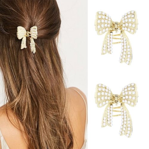 Brinie Pearl Hair Claw Clamps Gold Metal Hair Claw Clips Bowknot Hair Styling Clips Non Slip Jaw ...