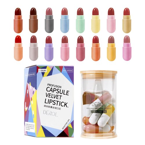 BeauFairy Capsule Lipstick Set, 16 Colors, Mini Waterproof Velvet Matte Lipstick, Long Lasting Cute Capsule Shaped Nonstick Cup Lip Gloss Set, Portable Makup Christmas New Year Gift for Girls