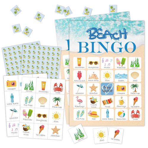 RLCNOT Beach Bingo Game, 24 Players Bingo Game, for Teenager Summer Beach Party Bridal Shower Birthday Party, Hiking, Trip Family Holiday Party, Reception Activity Supplies - 009