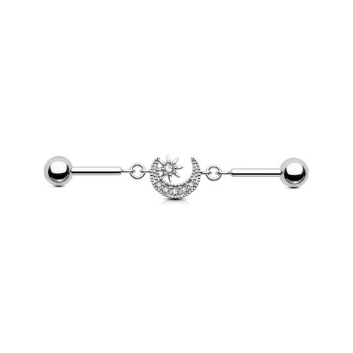 OUFER Industrial Piercing Jewelry, 316L Surgical Steel Industrial Earrings, Clear CZ Industrial Bars, Moon Industrial Barbells, Dangle Industrial Bar Piercing for Women Men