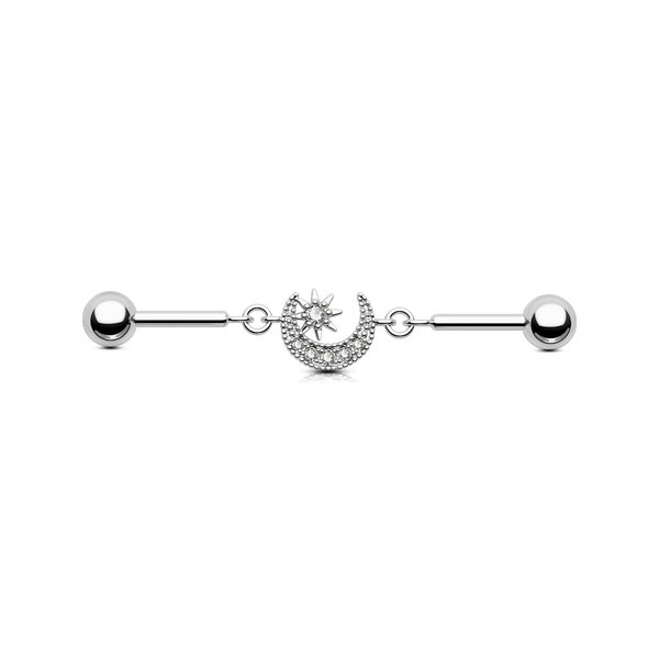 OUFER Industrial Piercing Jewelry, 316L Surgical Steel Industrial Earrings, Clear CZ Industrial Bars, Moon Industrial Barbells, Dangle Industrial Bar Piercing for Women Men