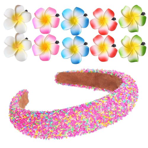 Pursuestar 1Pc Hot Pink Sparkly Headband + 10Pcs Colorful 2.5" Foam Hawaiian Plumeria Flower Hair Clips for Women Girls, Wide Padded Non Slip Headband Hairband for Party Beach Vacation