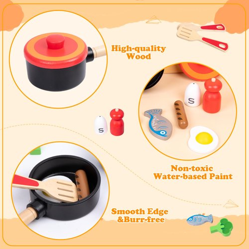 Wooden Play Kitchen Accessories for Toddlers, Kids Pretend Play Pots and Pans Food Cooking Toy, 11 Pieces Montessori Kitchen Tools Gifts for Boys Girls Ages 3 4 5 6 Years Old