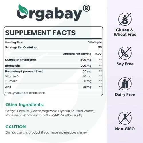Orgabay Liposomal Quercetin Phytosome 1600 mg,Bromelain 200mg,Zinc 30mg,Vitamin C Turmeric 40 mg,Highest Absorption,Quercetin Complex, 60 Softgels