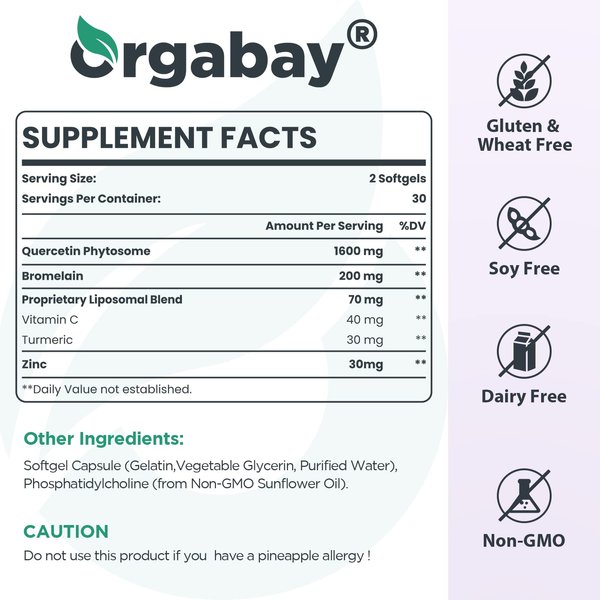 Orgabay Liposomal Quercetin Phytosome 1600 mg,Bromelain 200mg,Zinc 30mg,Vitamin C Turmeric 40 mg,Highest Absorption,Quercetin Complex, 60 Softgels
