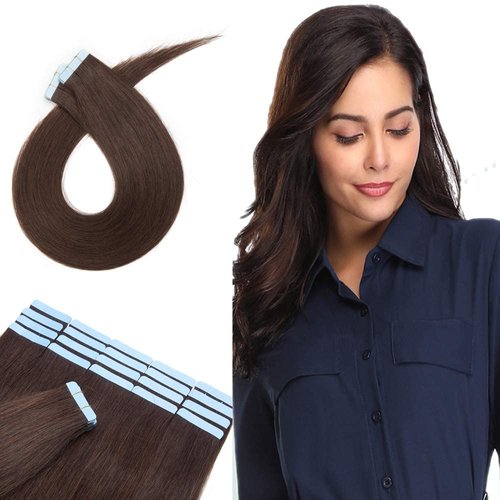 Hairro 16 Inch Tape in Hair Extensions Straight 100% Human Hair 50g Thin Long Hair 20pcs/pack Seamless Skin Weft Glue in Human Hairpieces #2 Dark Brown