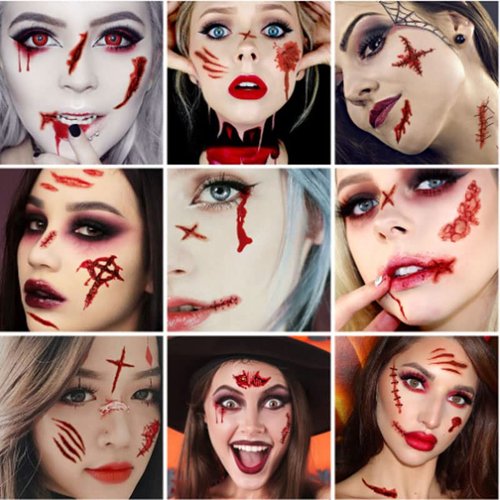 10 Sheets 3D Halloween Realistic Scar Tattoo Sticker, Zombie Scar Tattoos Fake Scars Bloody Costume Makeup Halloween Decoration Horror Wound Scary Blood Injury Sticke