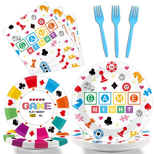Wiooffen 96 Pcs Family Game Night Party Supplies Gaming Party Decoration For Birthday Party Video Game Party Tableware Set Kids Game Night Party Paper Plate Napkin Fork 24 Guests