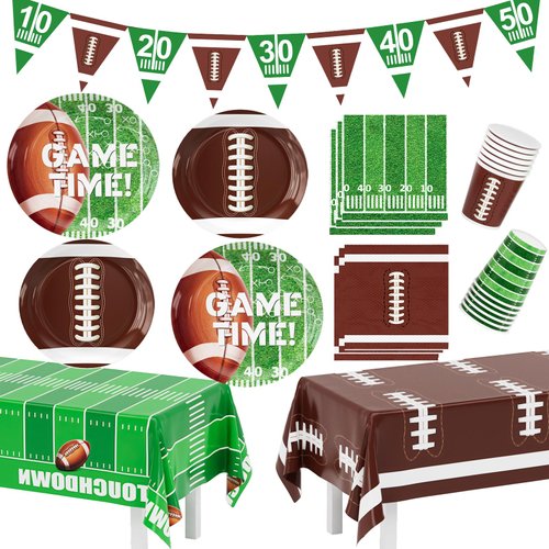 Football Party Decorations Super Bowl Party Decoration Set Includes Dinner Plates, Dessert Plates, Napkins, Cups, Banner and Football Tablecloth for Football Themed Party Decorations, Serve 24