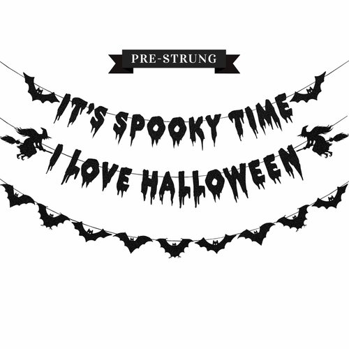Halloween Decorations - Glittery Black It's Spooky Time I Love Halloween Banner, Halloween Garland with Halloween Bats for Halloween Party Decorations, Bats Wall Decor, Halloween Decorations Indoor