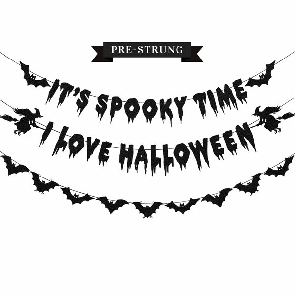 Halloween Decorations - Glittery Black It's Spooky Time I Love Halloween Banner, Halloween Garland with Halloween Bats for Halloween Party Decorations, Bats Wall Decor, Halloween Decorations Indoor