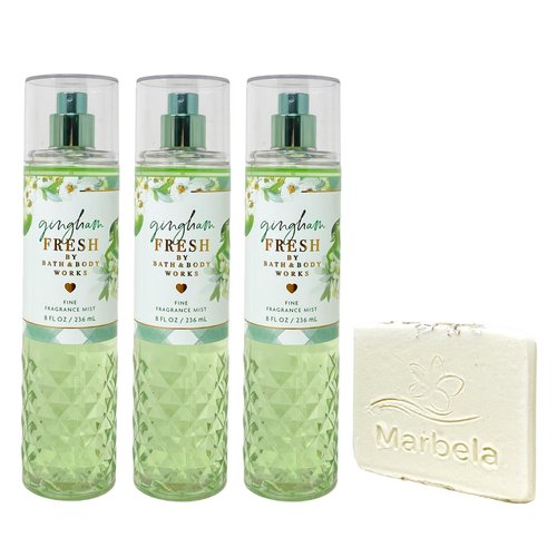 Bath & Body Works Gingham Fresh 3 Pack Fragrance Mist Bundle with a Natural Oats Sample Soap - Full Size