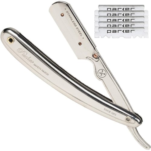 Parker PTW Push Type Blade Load Professional Straight Edge Barber / Shavette Razor with Stainless Steel Blade Arm and 5 Parker Premium Platinum Blades