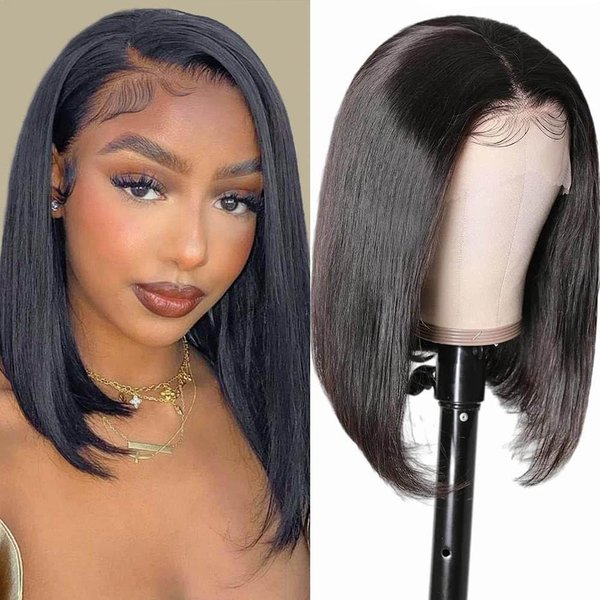 Human Hair Wigs for Black Women 13x4 HD Bob Wig Human Hair Lace Front Wigs with Lace Front 180 Density Pre Plucked Straight Wigs (Natural Black, 14 Inch)