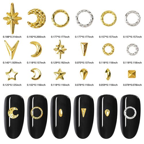 XEAOHESY 3 Boxes Gold Nail Charms for Nails Ring Irregular Shape Star Moon Metal Nail Rivets Silver Nail Studs 3D Nail Art Jewelry Decoration for Acrylic Nails With Rhinestone Pickup Pen and Tweezers