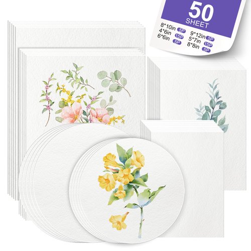 AROIC 50 Sheets Watercolor Paper Bulk, 6 Sizes 9" x 12",8" x 10",8" x 8" etc.(300 GSM), White Water Color Paper for Kids, Adults, Artists, Painting & Craft Paper, Watercolor Paper, Drawing Supplies