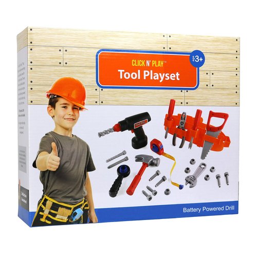 Click n' Play 23 piece Kids Pretend Play Real Working Toy Tool Set Includes Powered Drill, Hammer, Saw, Tape Measure, Tool Belt and other Construction Accessories