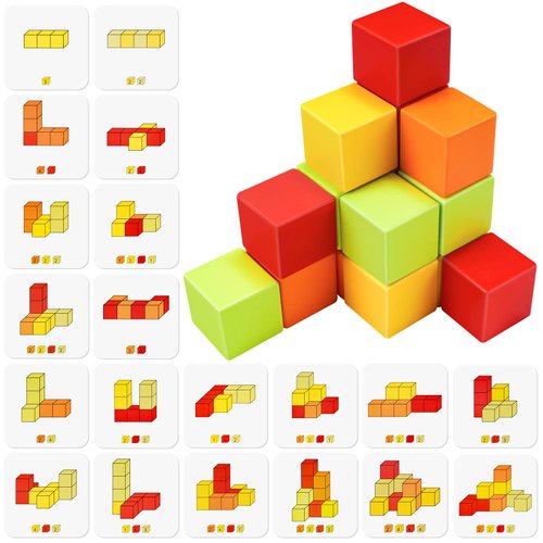 NiToy Wooden Cube Toy 16PCS Building Blocks for Kids 40 Pattern Cards and Storage Pouch, 4 Colors 3D Space Stacking Game STEM Educational Preschool Learning Sensory Toy Counting Math Color Cognition