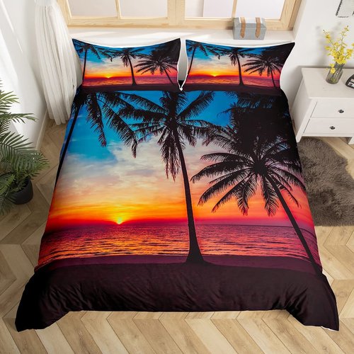 Feelyou Ocean Beach Themed Bedding Set Twin 2 Pcs,Tropical Sunset Beach with Palm Trees Comforter Cover,Peaceful Ocean Evening View Resort Bedspread Decorative 1 Duvet Cover and 1 Pillowcase
