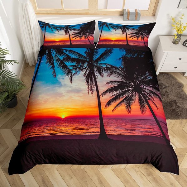 Feelyou Ocean Beach Themed Bedding Set Twin 2 Pcs,Tropical Sunset Beach with Palm Trees Comforter Cover,Peaceful Ocean Evening View Resort Bedspread Decorative 1 Duvet Cover and 1 Pillowcase