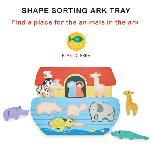 Mentari Toys - Shape Sorting Ark Tray - 8pc Shape Sorting Noah’s Ark Wooden Puzzle for Toddlers - Learning Toy with Vibrant Illustrations - Improve Hand-Eye Coordination and Visual Perception - Age 2+