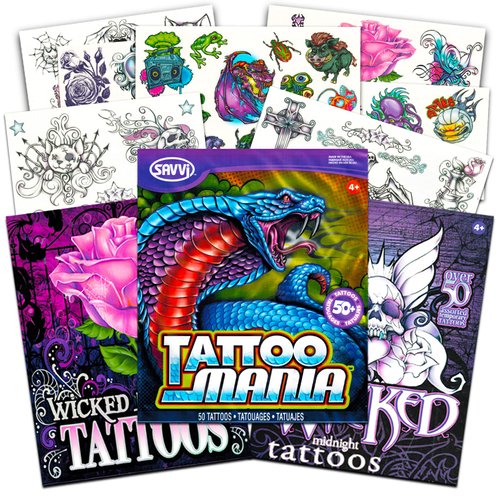 New School & Old School Temporary Tattoos Bundle ~ 125+ Pieces Hardcore Tattoos for Men Women Adults Boys Girls Teens with Monsters, Skulls, Roses, and More | Party Supplies Costume Accessories