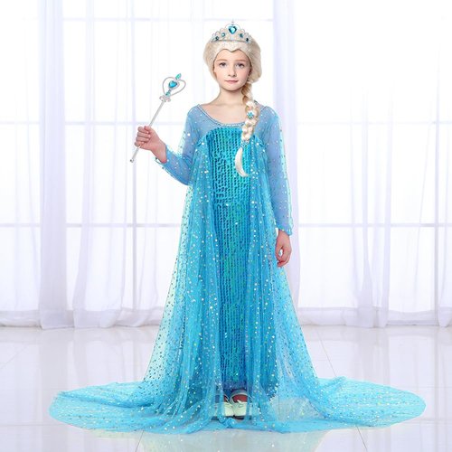 G.C Girls Elsa Dress Costume Princess Dress Up Clothes with Long Cape Kids Toddler Wig Crown Wand Jewelry Necklace Accessories Halloween Cosplay Birthday Party Supplies