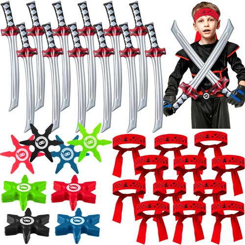Deekin 48 Pcs Ninja Party Favors Includes Inflatable Ninja Sword, Foam Ninja Star Toys, Ninja Headbands, Small Throwing Stars Karate Headband for Halloween Boys Girls Costume Accessories