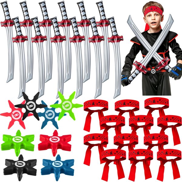 Deekin 48 Pcs Ninja Party Favors Includes Inflatable Ninja Sword, Foam Ninja Star Toys, Ninja Headbands, Small Throwing Stars Karate Headband for Halloween Boys Girls Costume Accessories